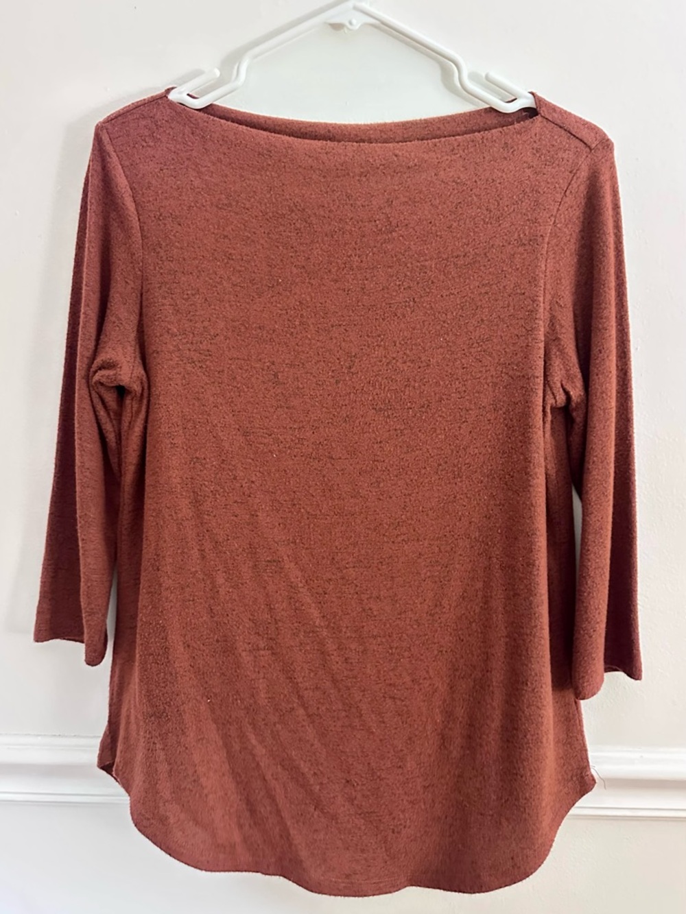 Bobeau Women's XS Boat Neck Knit Top Rust Brown 3/4 Sleeve Soft Hacci Pullover